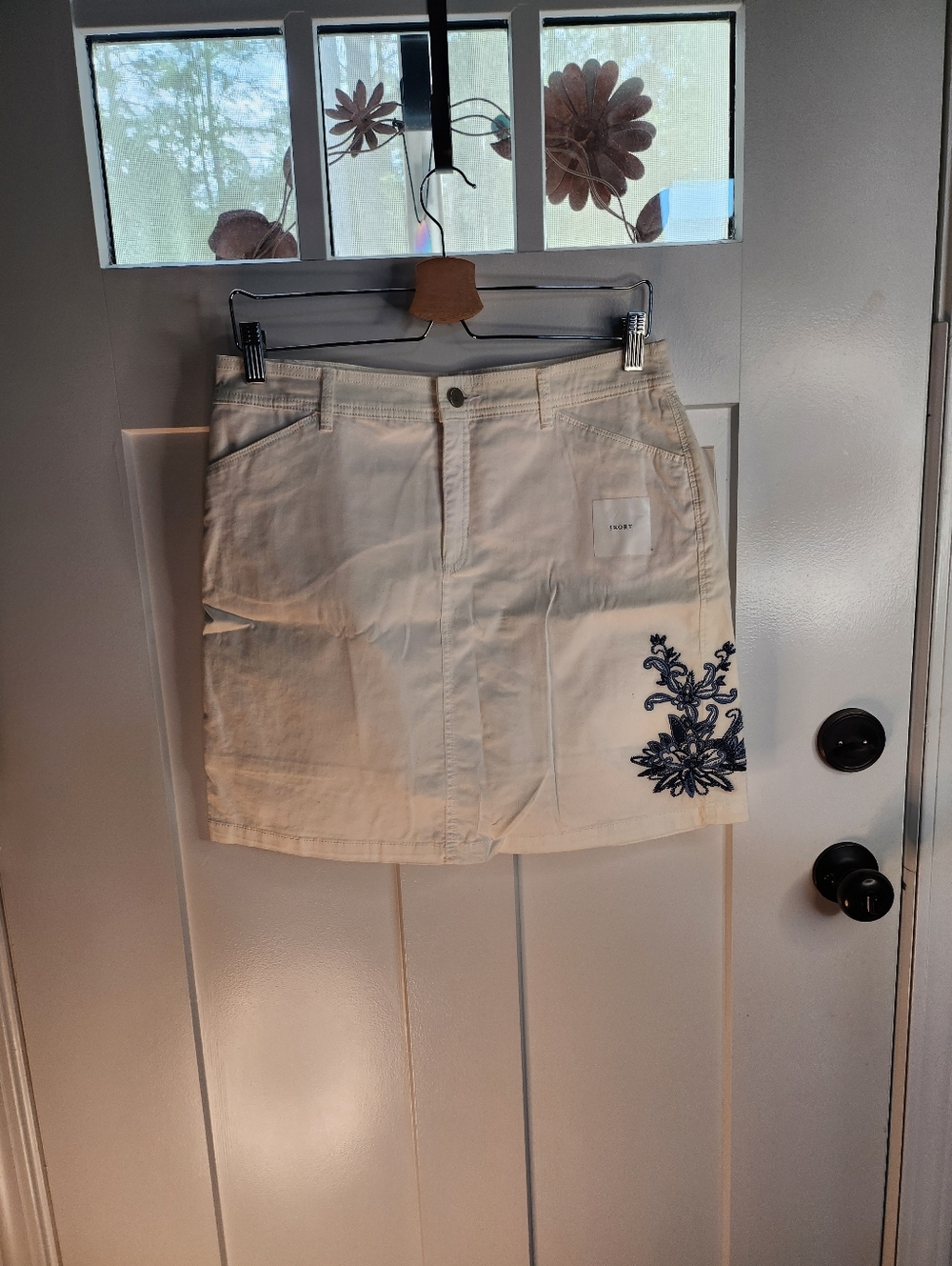 croft & barrow White Mini Skirt with Navy Embroidery